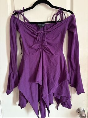 Current Mood Purple Off-Shoulder Fairy Dress with Ruched Front